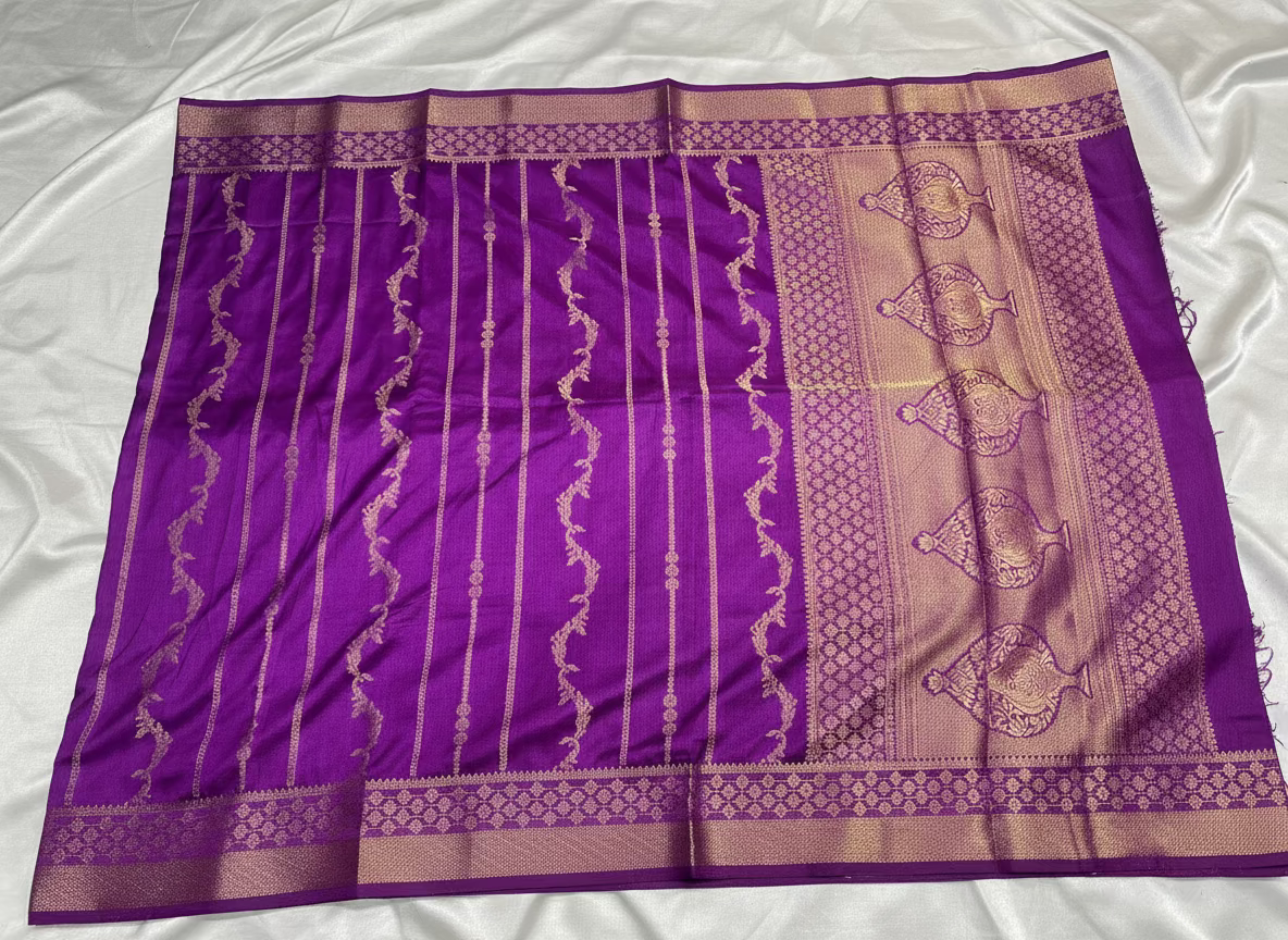 Purple Banarasi Dola Silk Saree with Vertical Jaal & Lines Design - Traditional Wear