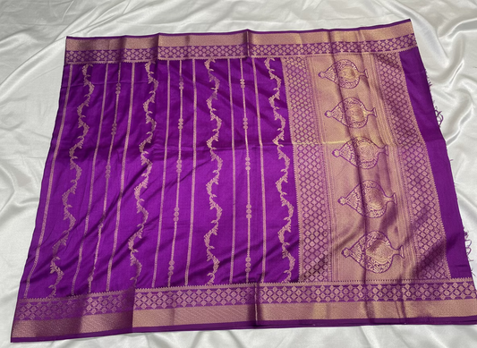 Purple Banarasi Dola Silk Saree with Vertical Jaal & Lines Design - Traditional Wear