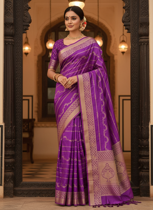 Purple Banarasi Dola Silk Saree with Vertical Jaal & Lines Design - Traditional Wear