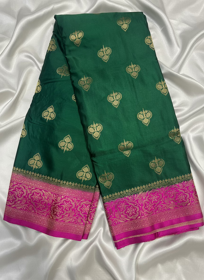 Dark Green Banarasi Mashru Silk Saree with Gold Floral Patterns with Contrast Border - Traditional Wear