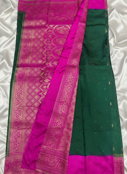 Dark Green Banarasi Mashru Silk Saree with Gold Floral Patterns with Contrast Border - Traditional Wear