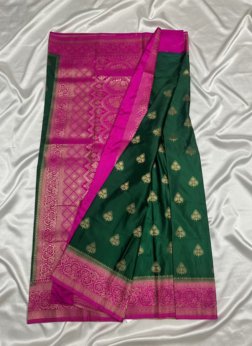 Dark Green Banarasi Mashru Silk Saree with Gold Floral Patterns with Contrast Border - Traditional Wear