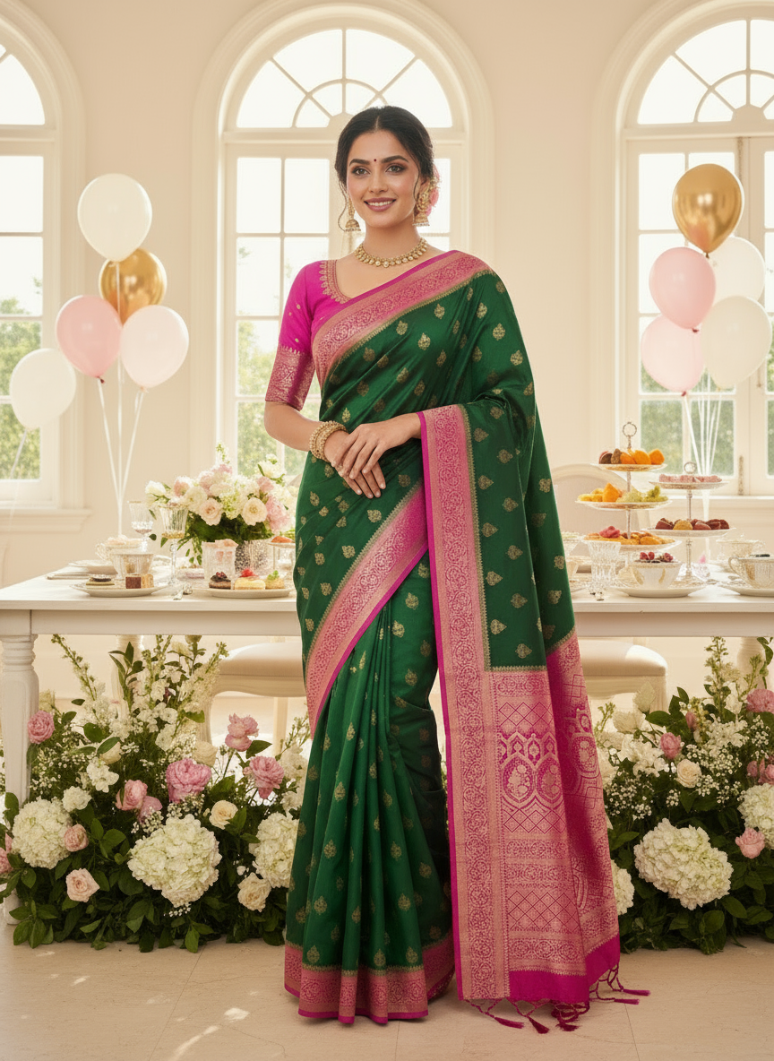Dark Green Banarasi Mashru Silk Saree with Gold Floral Patterns with Contrast Border - Traditional Wear