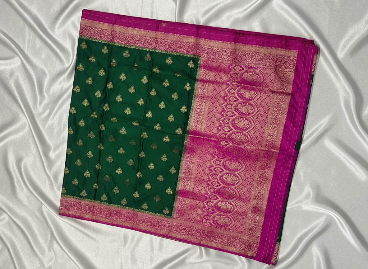Dark Green Banarasi Mashru Silk Saree with Gold Floral Patterns with Contrast Border - Traditional Wear