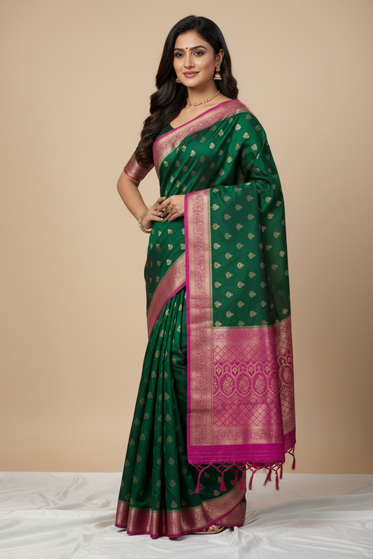 Dark Green Banarasi Mashru Silk Saree with Gold Floral Patterns with Contrast Border - Traditional Wear