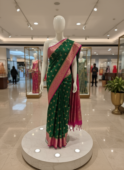 Dark Green Banarasi Mashru Silk Saree with Gold Floral Patterns with Contrast Border - Traditional Wear