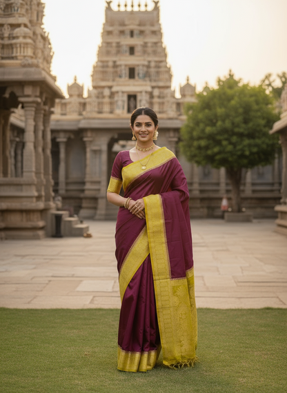 Dark Wine Banarasi Mashru Silk Saree with Geometrical Zari Pallu & Border - Traditional Wear