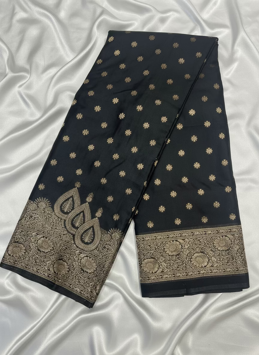 Black Banarasi Mashru Silk Saree with Small Butta with Designer Border - Designer Party Wear