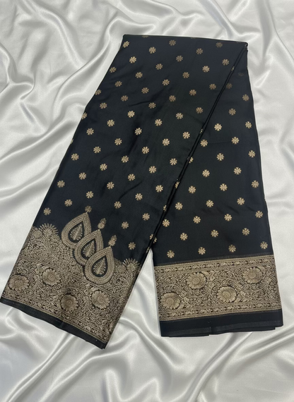Black Banarasi Mashru Silk Saree with Small Butta with Designer Border - Designer Party Wear