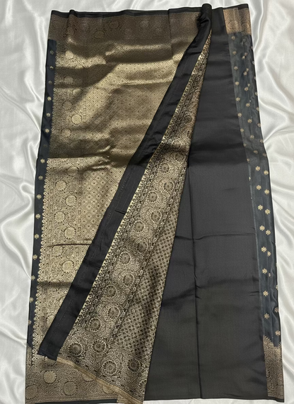 Black Banarasi Mashru Silk Saree with Small Butta with Designer Border - Designer Party Wear