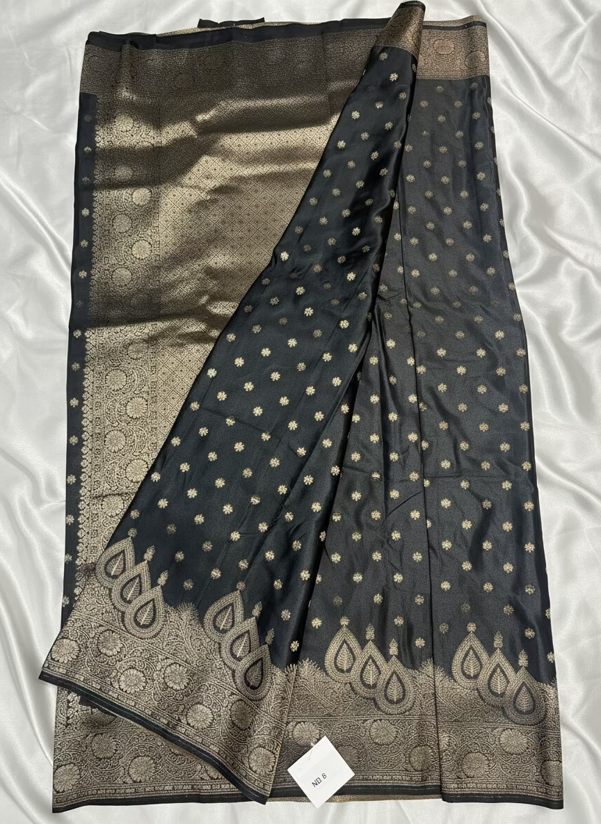 Black Banarasi Mashru Silk Saree with Small Butta with Designer Border - Designer Party Wear