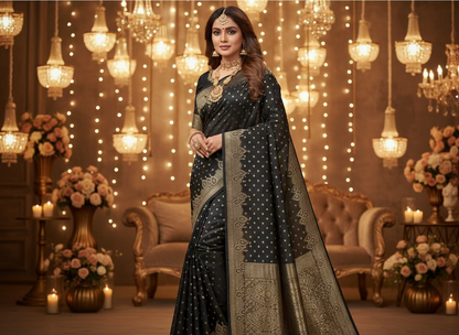 Black Banarasi Mashru Silk Saree with Small Butta with Designer Border - Designer Party Wear