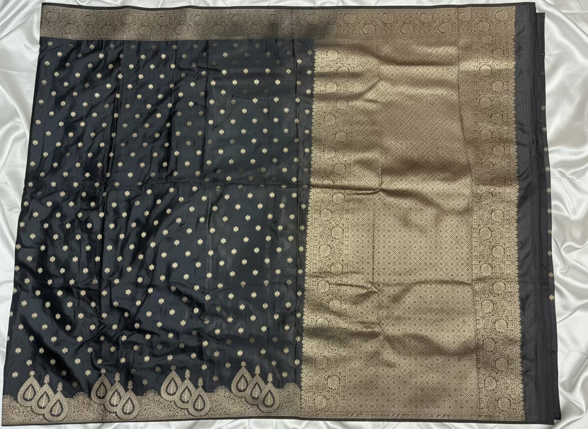 Black Banarasi Mashru Silk Saree with Small Butta with Designer Border - Designer Party Wear