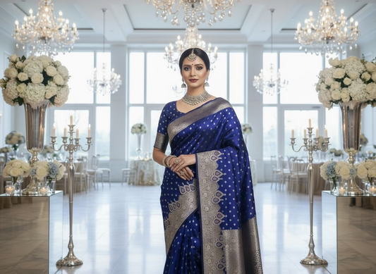 Blue Banarasi Mashru Silk Saree with Small Butta with Designer Border - Designer Party Wear