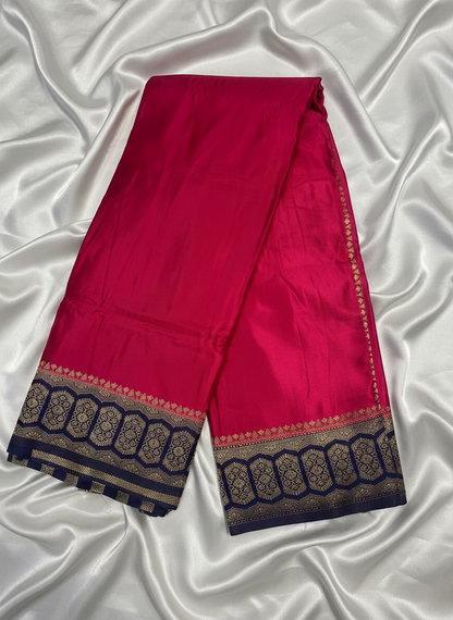 Rani Pink Banarasi Mashru Silk Saree with Geometrical Zari Pallu & Border - Traditional Wear