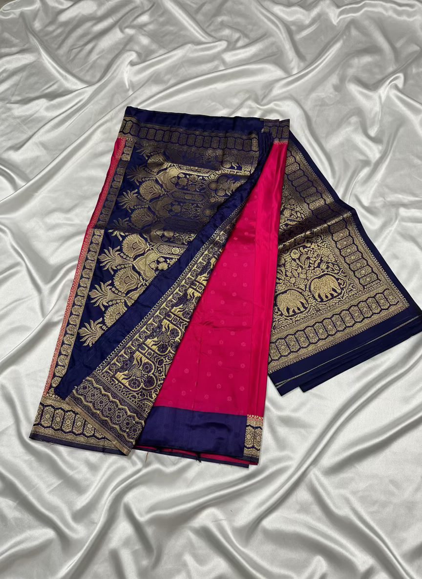 Rani Pink Banarasi Mashru Silk Saree with Geometrical Zari Pallu & Border - Traditional Wear