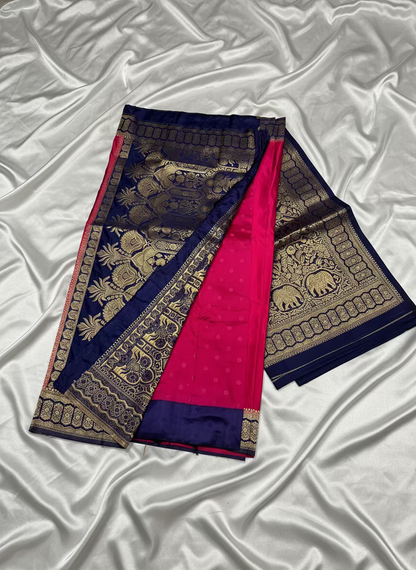 Rani Pink Banarasi Mashru Silk Saree with Geometrical Zari Pallu & Border - Traditional Wear