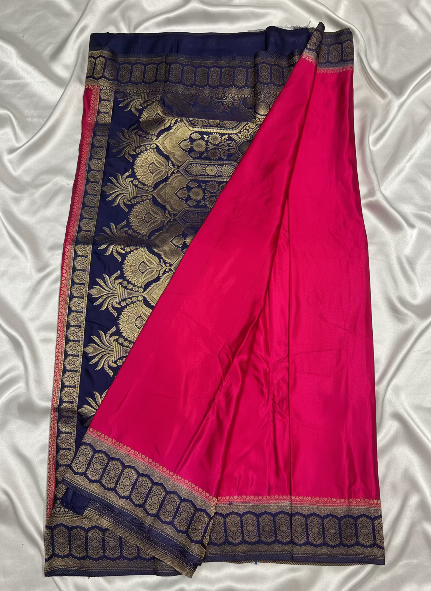 Rani Pink Banarasi Mashru Silk Saree with Geometrical Zari Pallu & Border - Traditional Wear