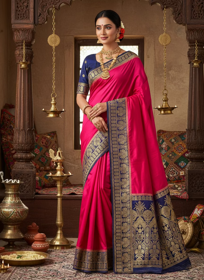 Rani Pink Banarasi Mashru Silk Saree with Geometrical Zari Pallu & Border - Traditional Wear