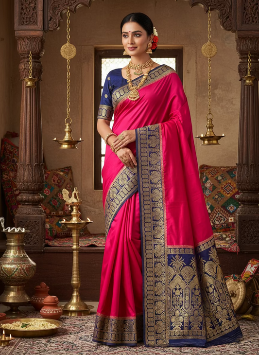 Rani Pink Banarasi Mashru Silk Saree with Geometrical Zari Pallu & Border - Traditional Wear