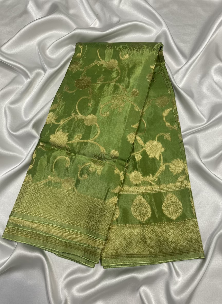 Light Green Banarasi Russian Silk Saree with Silver Jaal Design - Designer Party Wear