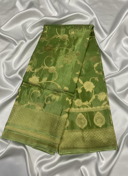 Light Green Banarasi Russian Silk Saree with Silver Jaal Design - Designer Party Wear