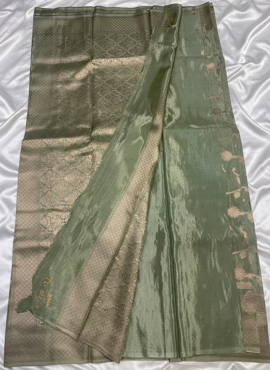 Light Green Banarasi Russian Silk Saree with Silver Jaal Design - Designer Party Wear
