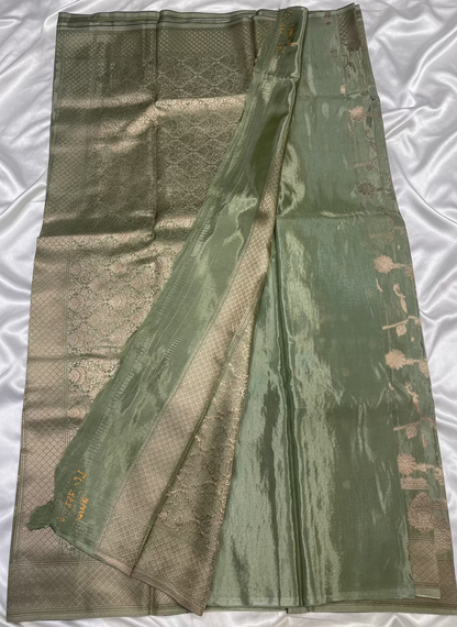 Light Green Banarasi Russian Silk Saree with Silver Jaal Design - Designer Party Wear