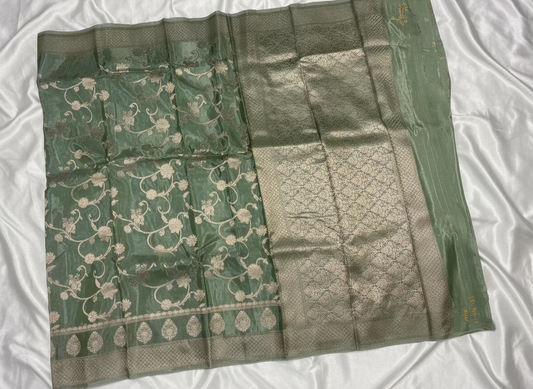 Light Green Banarasi Russian Silk Saree with Silver Jaal Design - Designer Party Wear