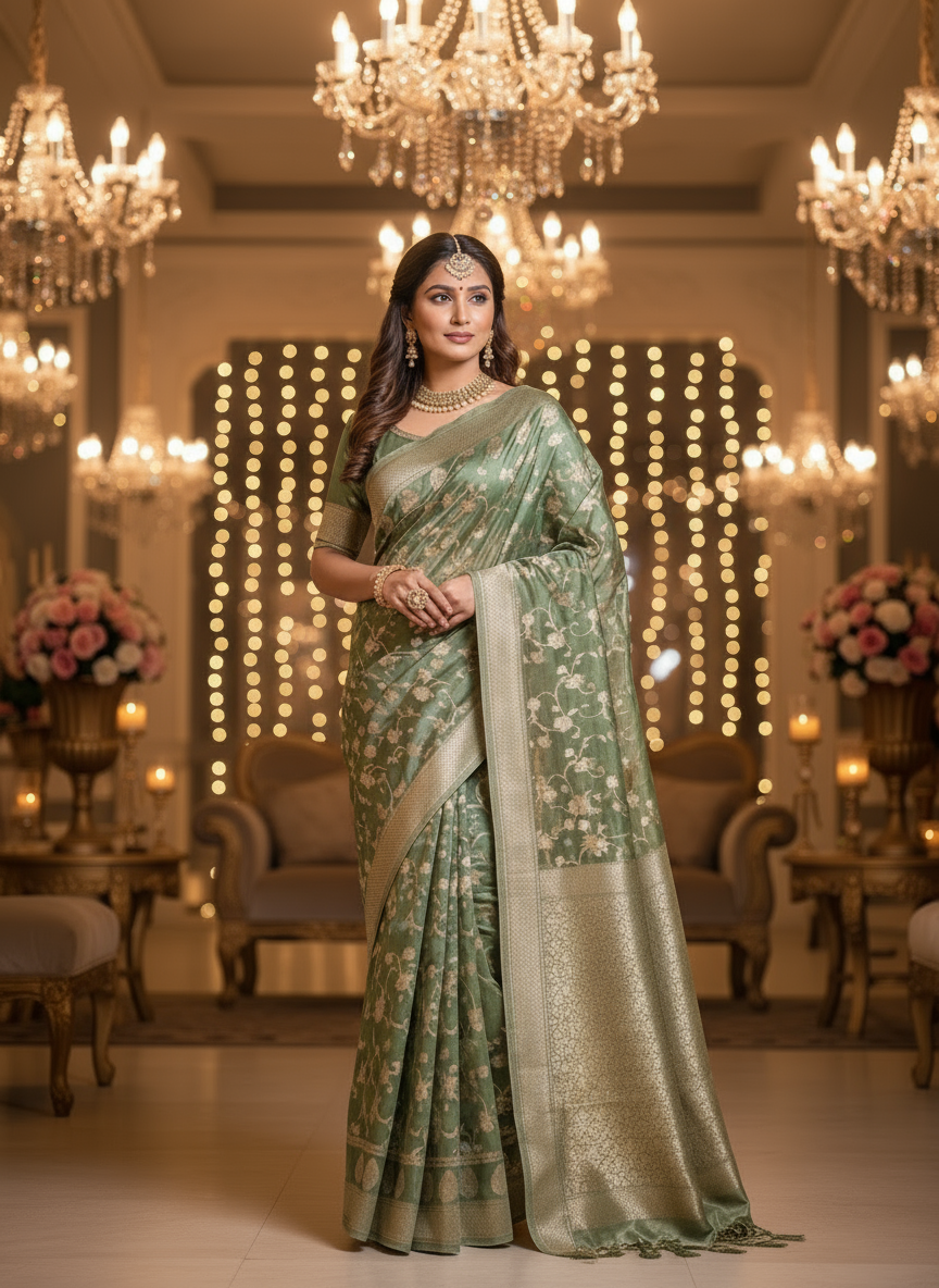 Light Green Banarasi Russian Silk Saree with Silver Jaal Design - Designer Party Wear
