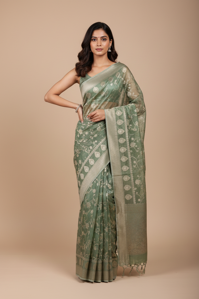 Light Green Banarasi Russian Silk Saree - Silver Jaal Design