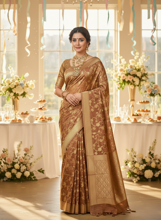 Brown Banarasi Russian Silk Saree with Silver Jaal Design - Designer Party Wear