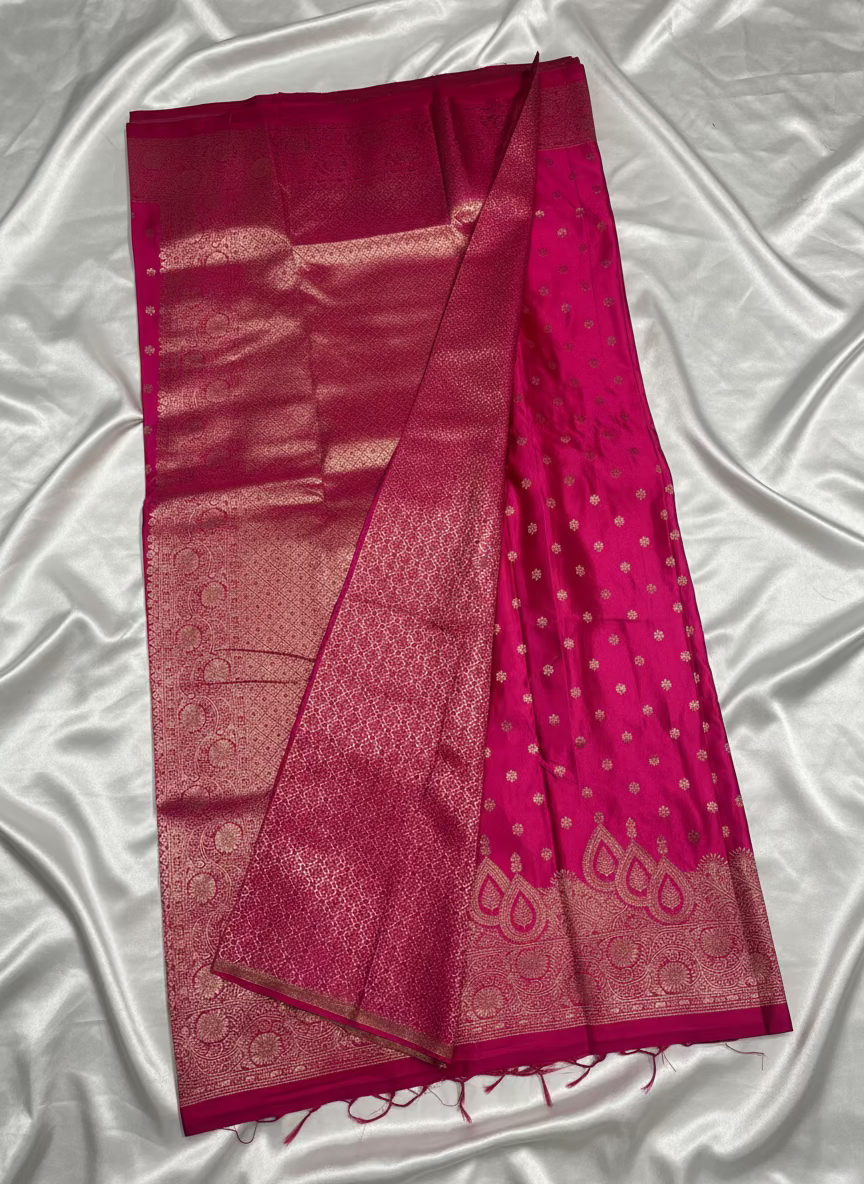 Rani Pink Banarasi Mashru Silk Saree with Small Butta with Designer Border - Designer Party Wear