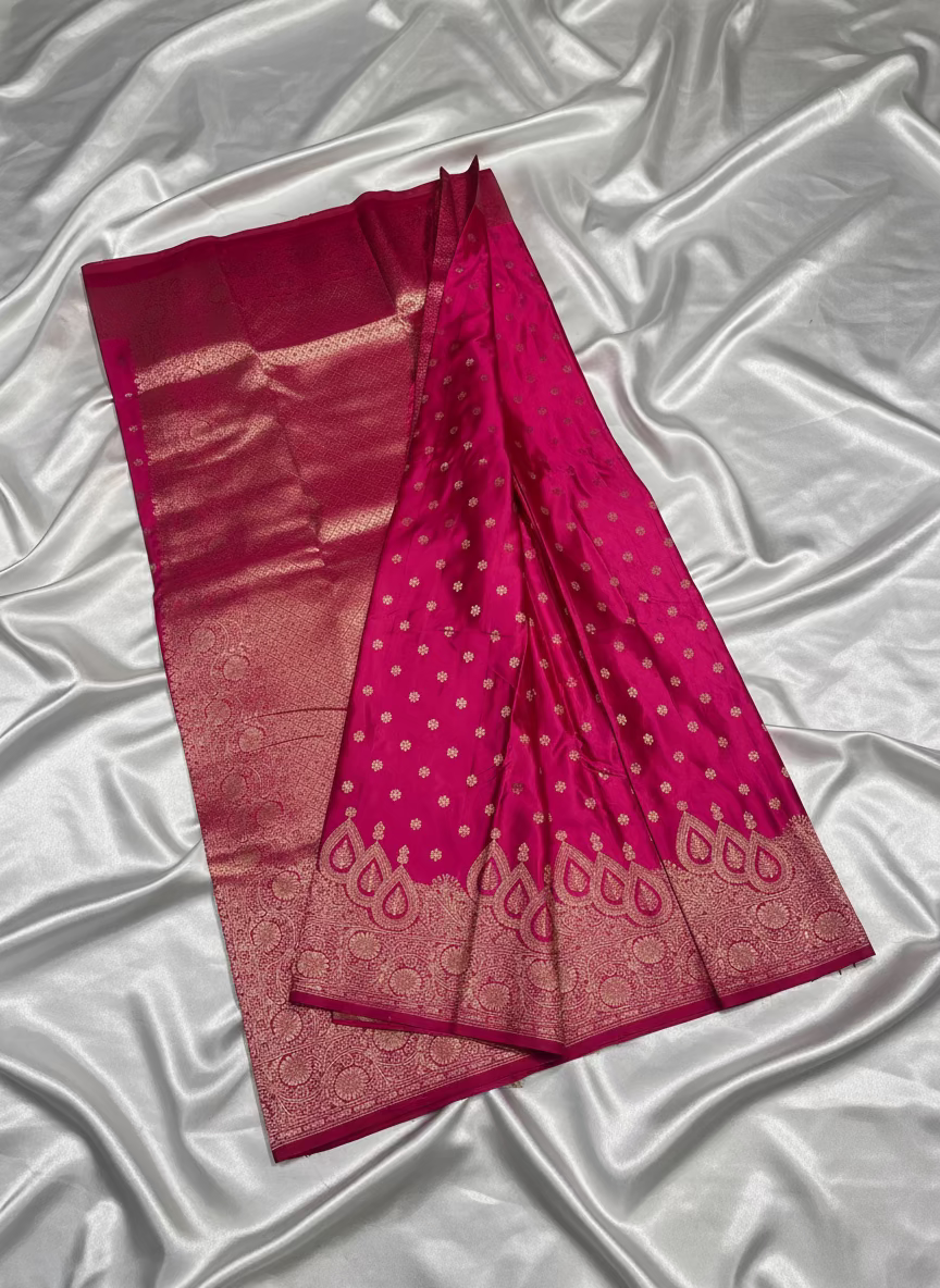 Rani Pink Banarasi Mashru Silk Saree with Small Butta with Designer Border - Designer Party Wear