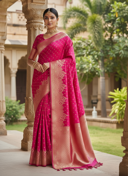 Rani Pink Banarasi Mashru Silk Saree with Small Butta with Designer Border - Designer Party Wear