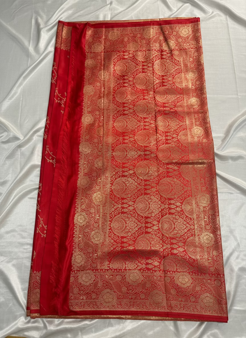 Red Banarasi Mashru Silk Saree with Gold Jaal Patterns - Traditional Wear