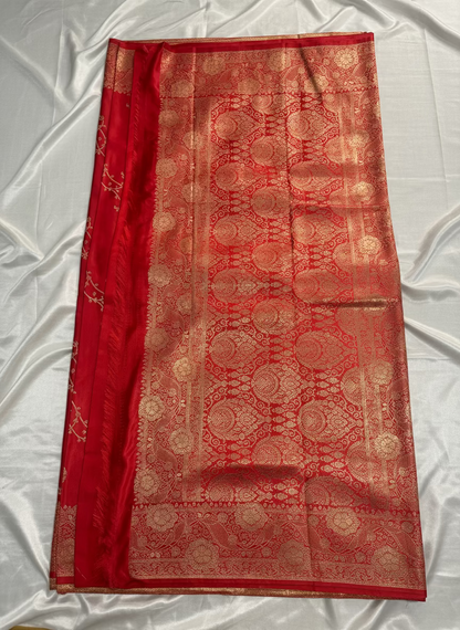 Red Banarasi Mashru Silk Saree with Gold Jaal Patterns - Traditional Wear
