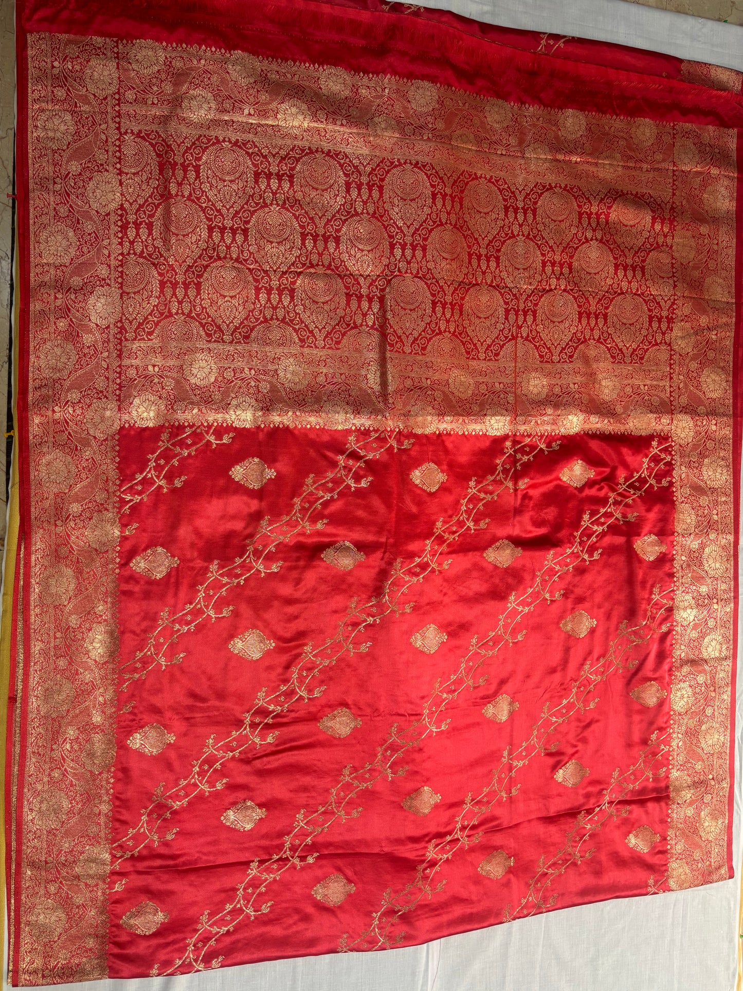 Red Banarasi Mashru Silk Saree with Gold Jaal Patterns - Traditional Wear