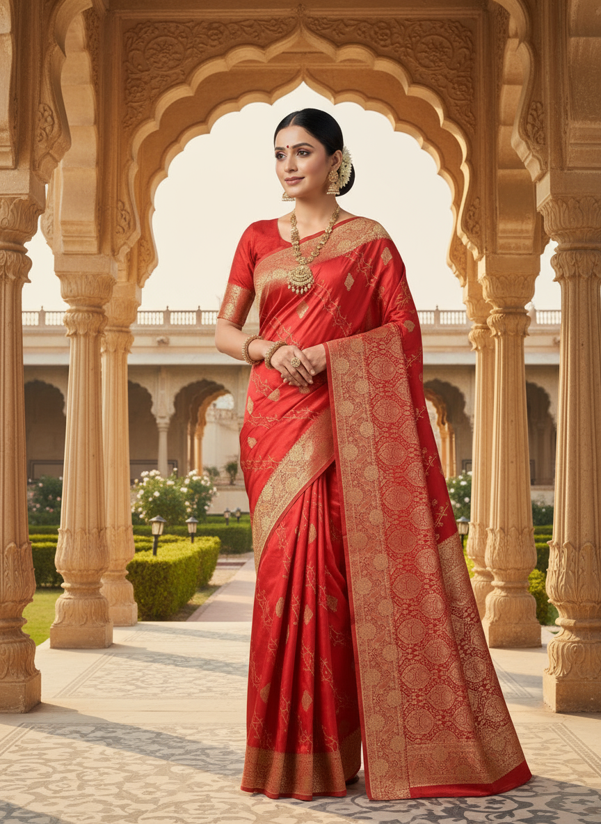 Red Banarasi Mashru Silk Saree with Gold Jaal Patterns - Traditional Wear