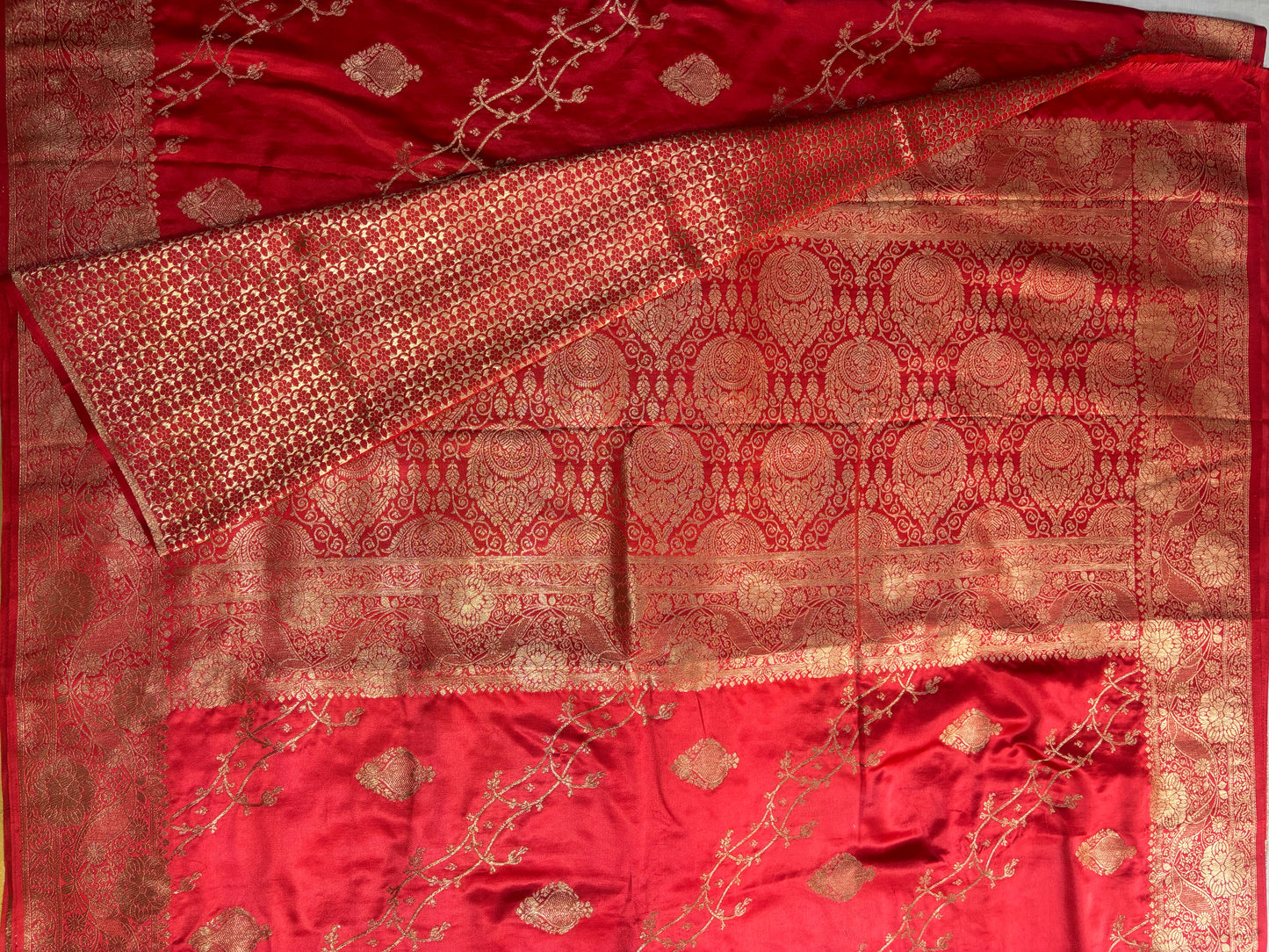 Red Banarasi Mashru Silk Saree with Gold Jaal Patterns - Traditional Wear