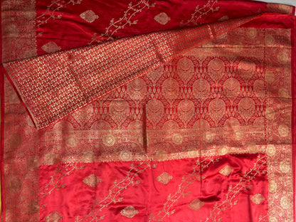 Red Banarasi Mashru Silk Saree with Gold Jaal Patterns - Traditional Wear