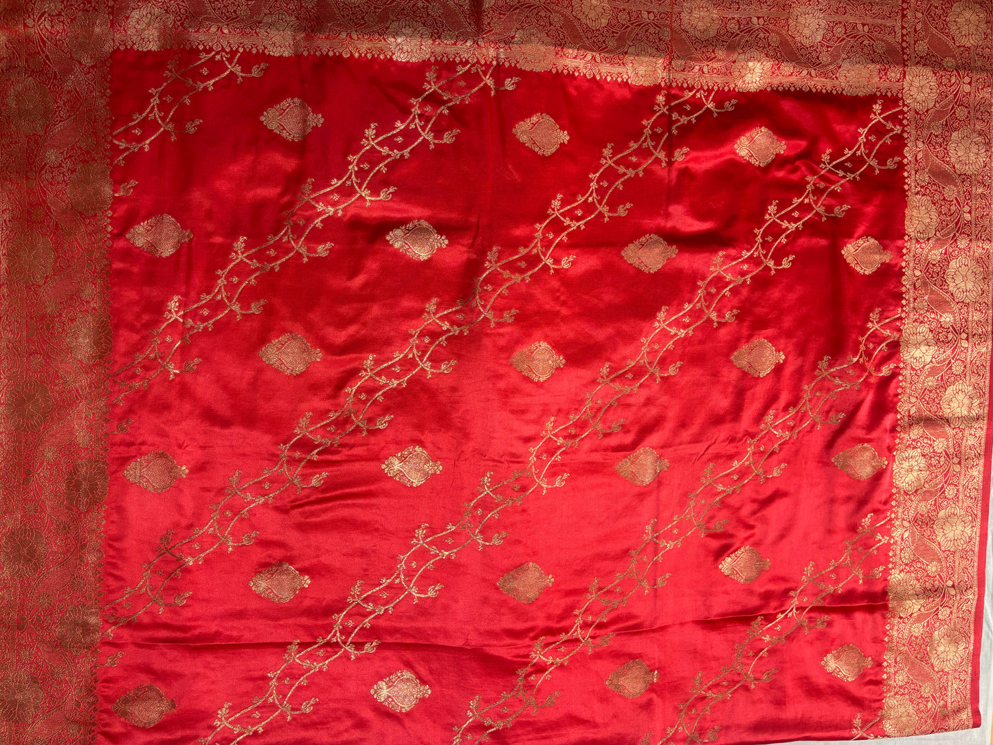 Red Banarasi Mashru Silk Saree with Gold Jaal Patterns - Traditional Wear