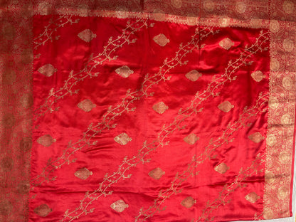 Red Banarasi Mashru Silk Saree with Gold Jaal Patterns - Traditional Wear