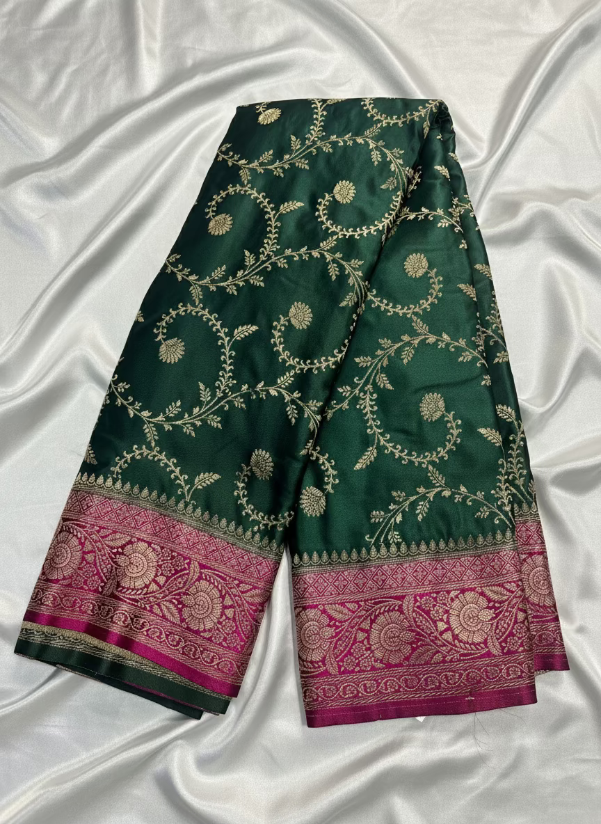 Dark Green Banarasi Mashru Silk Saree with Gold Jaal Patterns with Contrast Border - Traditional Wear