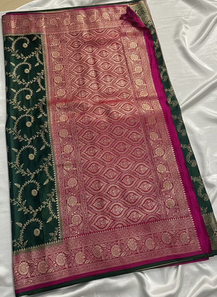 Dark Green Banarasi Mashru Silk Saree with Gold Jaal Patterns with Contrast Border - Traditional Wear