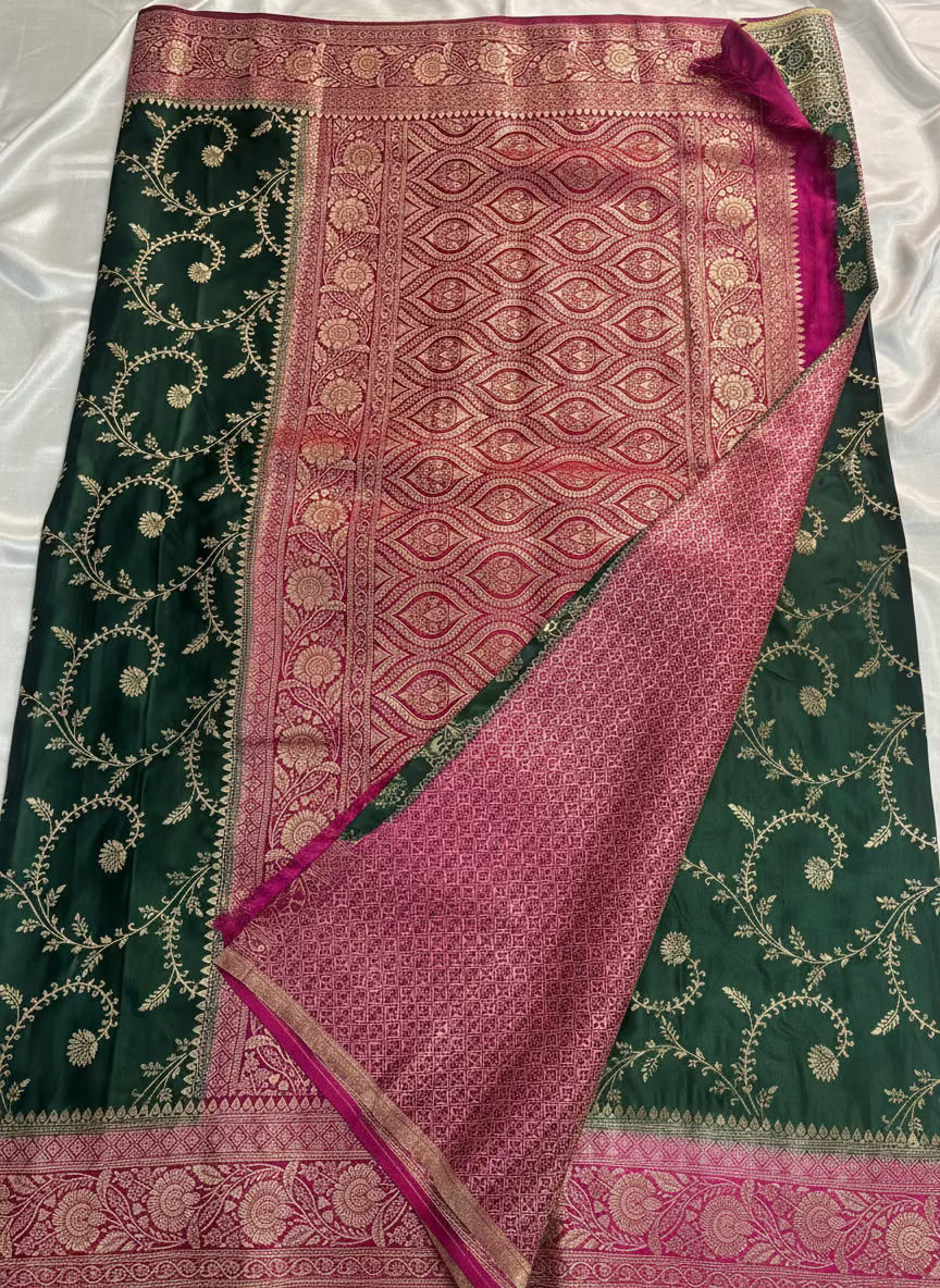 Dark Green Banarasi Mashru Silk Saree with Gold Jaal Patterns with Contrast Border - Traditional Wear
