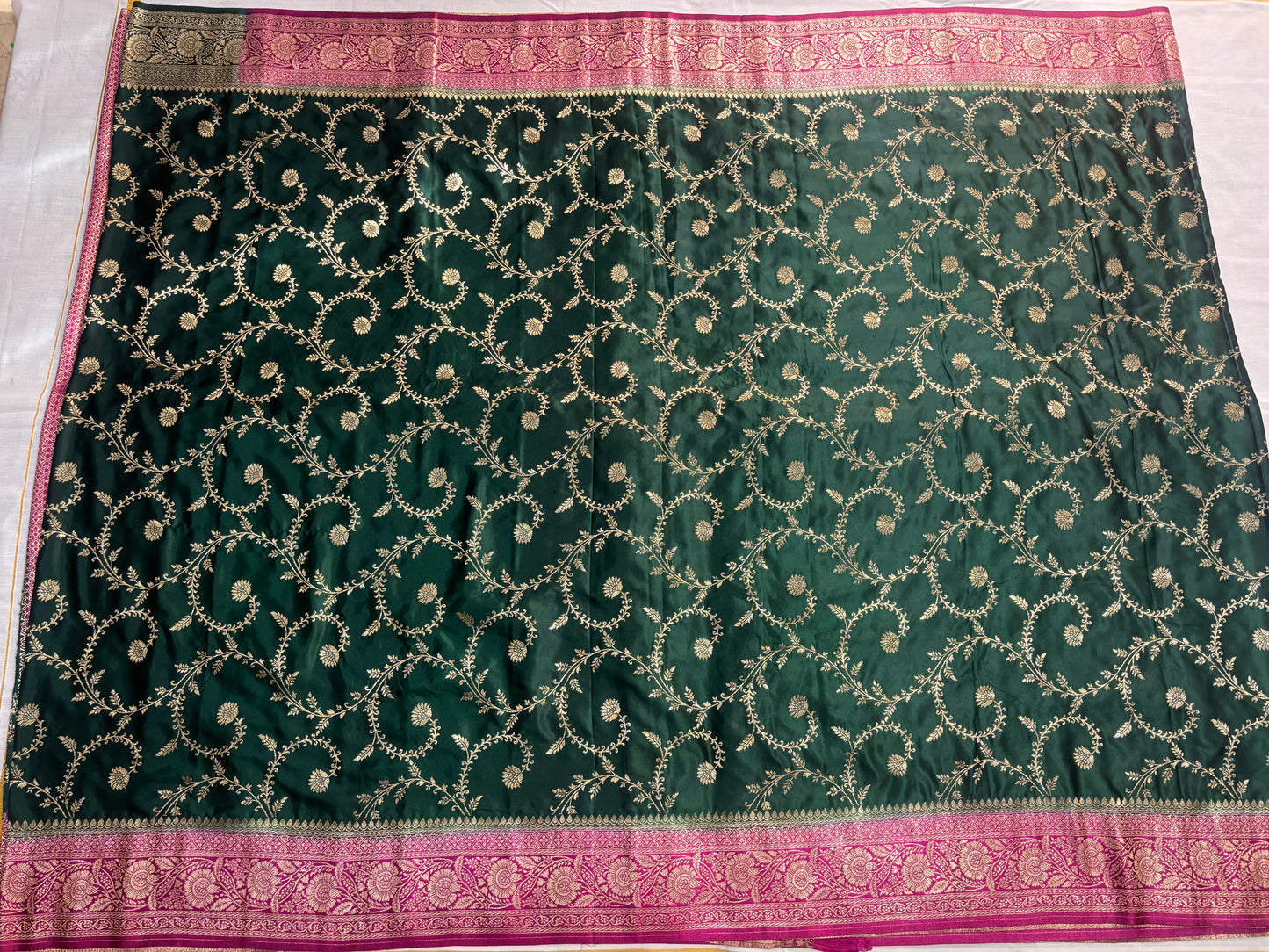 Dark Green Banarasi Mashru Silk Saree with Gold Jaal Patterns with Contrast Border - Traditional Wear
