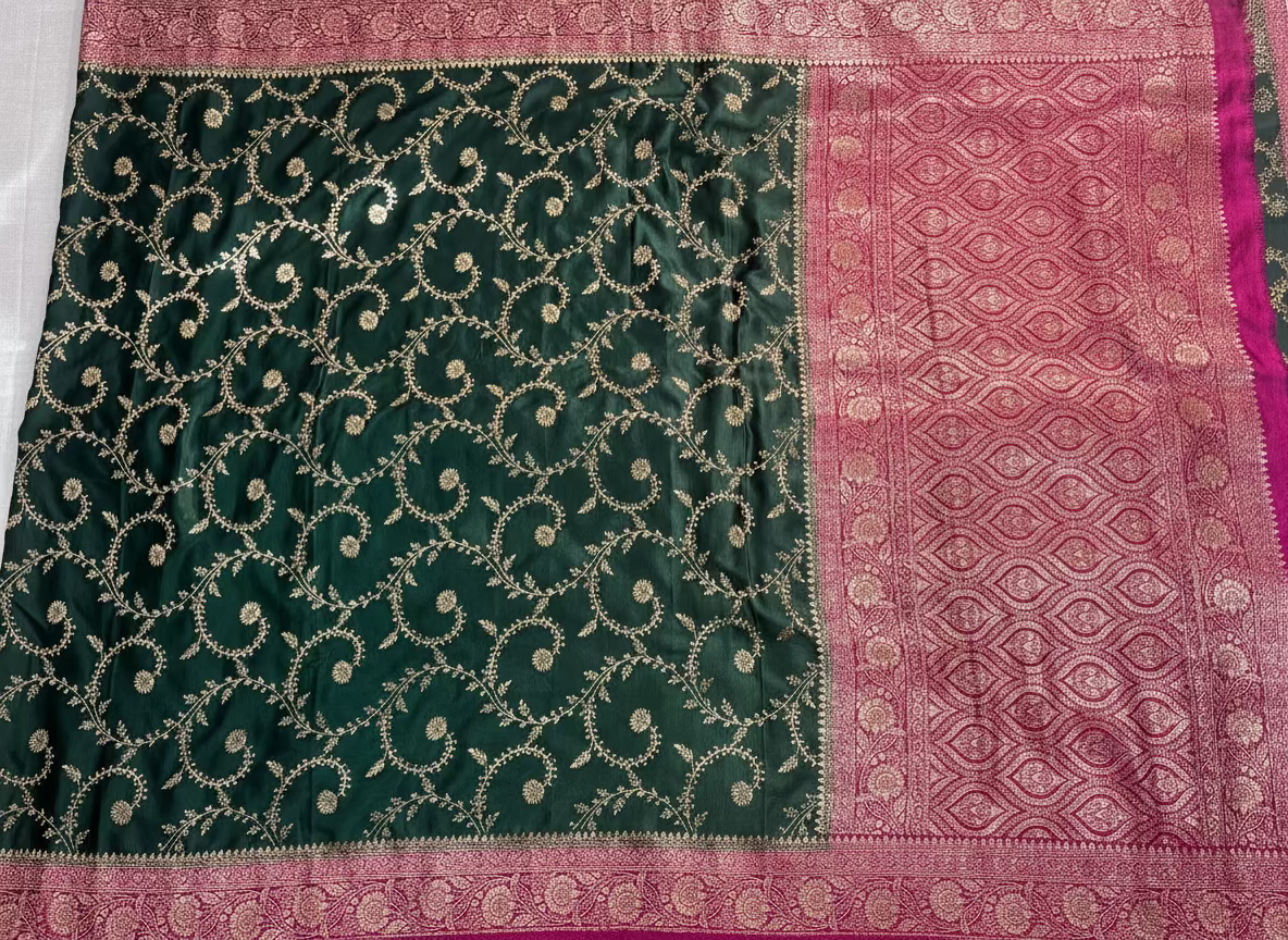 Dark Green Banarasi Mashru Silk Saree with Gold Jaal Patterns with Contrast Border - Traditional Wear