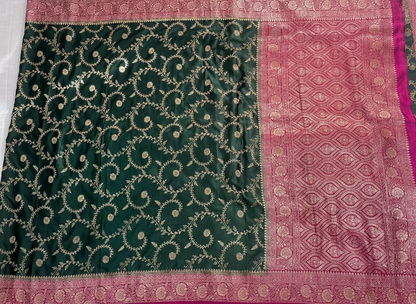 Dark Green Banarasi Mashru Silk Saree with Gold Jaal Patterns with Contrast Border - Traditional Wear