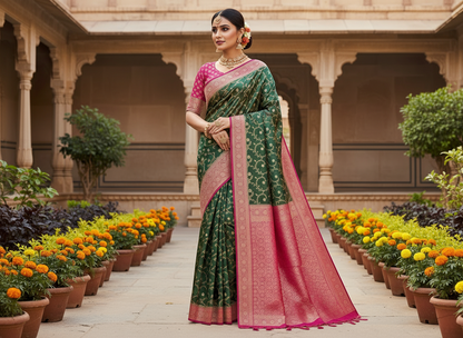 Dark Green Banarasi Mashru Silk Saree with Gold Jaal Patterns with Contrast Border - Traditional Wear